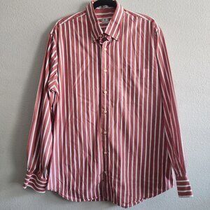 Peter Millar Mens Button Up Shirt Long Sleeve Striped Cotton Brown White Size L